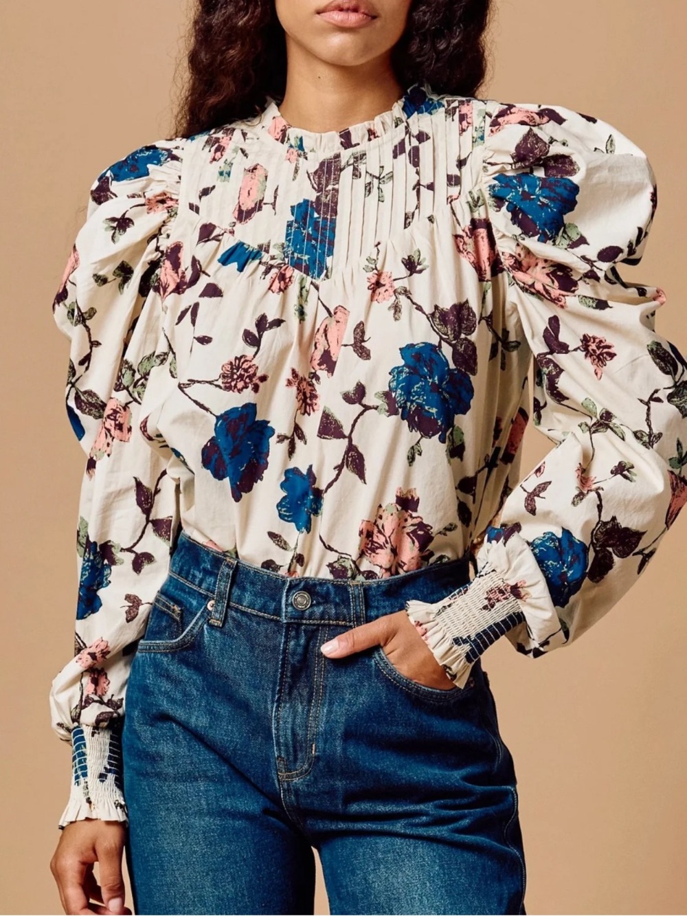 Cleobella Cream Floral Pintuck Puff-Sleeve Blouse with Blue Accents